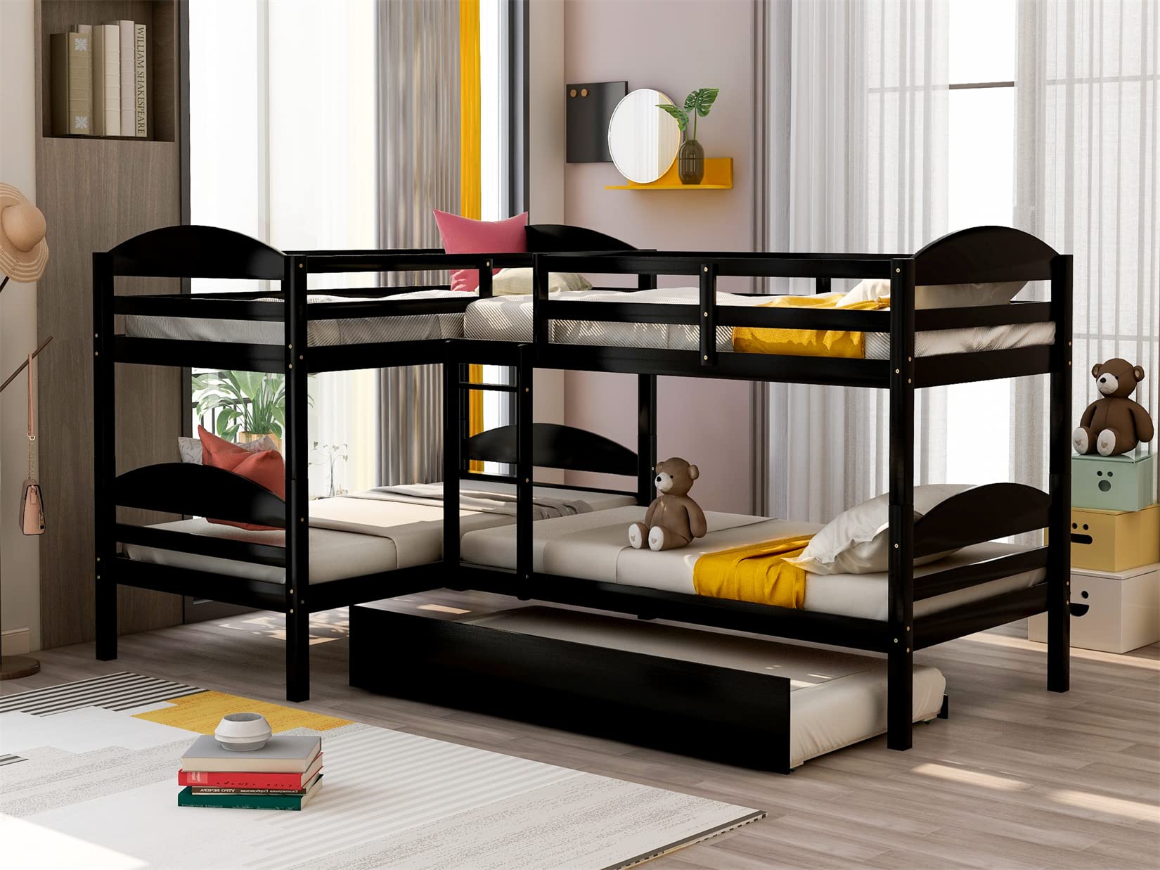 Bellemave Quad Bunk Bed with Trundle L-Shape Bunk Bed Twin Over Twin Corner Bunk Bed for 4 or 5 Kids Boys Girls Teens, Espresso