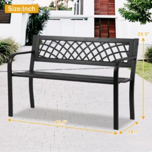 Garden Bench Outdoor Patio Bench Cast Iron Park Bench with Plastic Mesh Backrest & Armrests, 400LB Load Capacity Metal Porch Furniture Loveseat Patio Entryway Seating Antique Finish for Lawn, Black