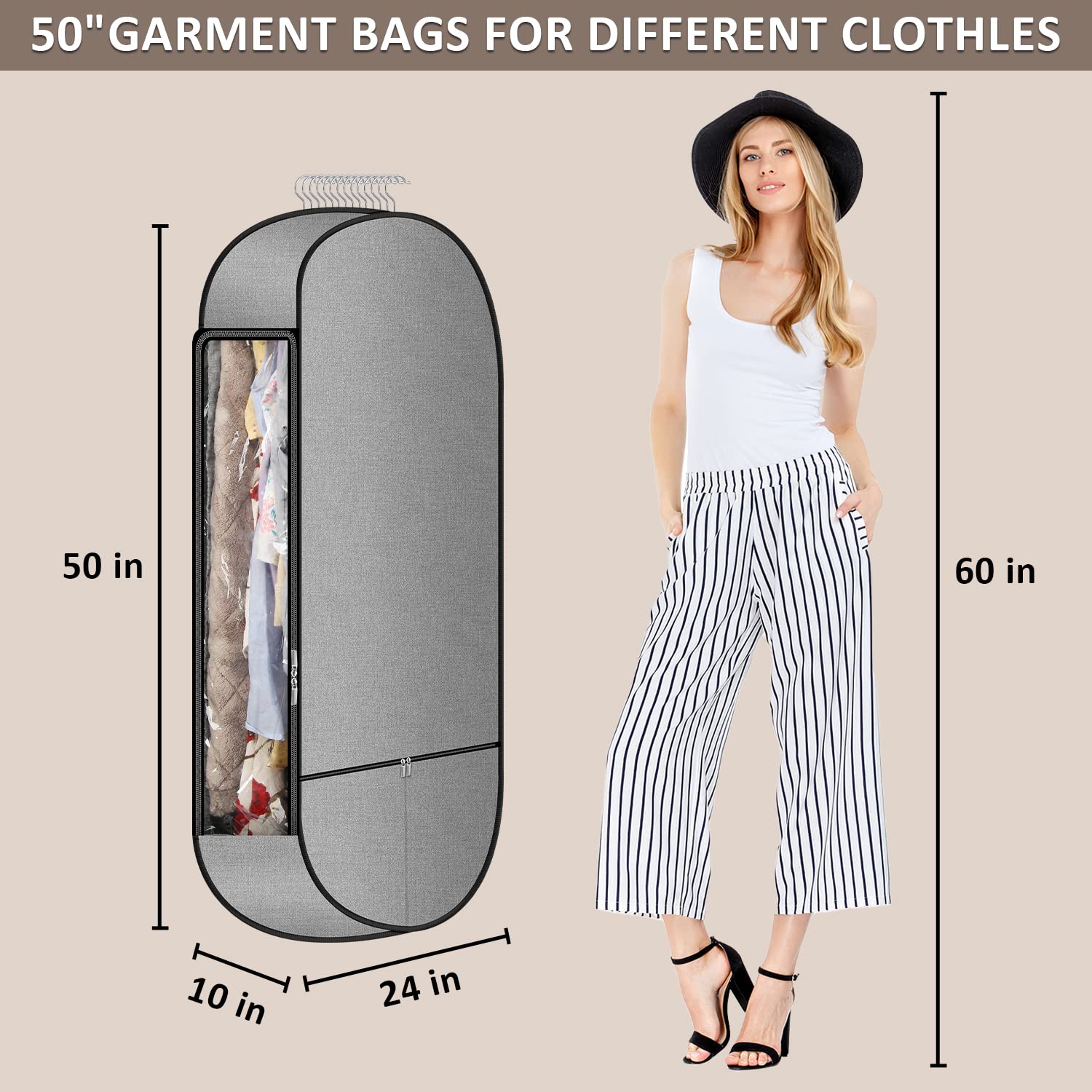 Garment Bags for Hanging Clothes,Chakera Large Breathable Garment Bag for Closet Storage with 10”Gusseted,Clear Clothing Storage Garment Cover for Dress Sweater with Double Zipper,Grey