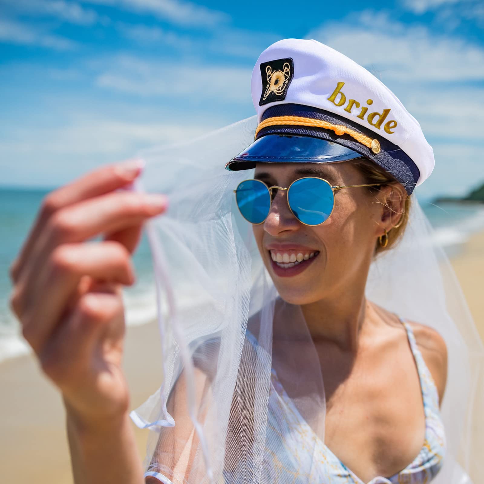 MGupzao Bride Sailor Hat, Nautical Costume Headwear for Wedding, Bachelorette Party, Beach Party, Bridal Party Gift and Decoration, One Size Fits All, White Veil Included