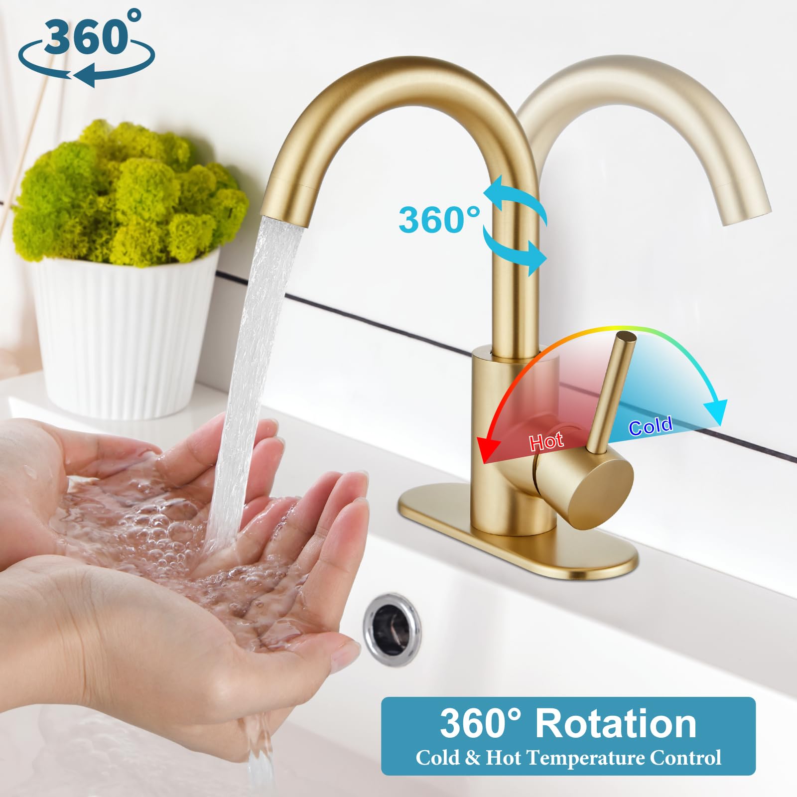 Midanya Wet Bar Sink Faucet,Single Handle Bathroom Kitchen Faucet 1 Hole Faucet Swivel Spout Farmhouse RV Small Vanity Lavatory Bath Utility Faucet with Deck Plate,Brushed Gold