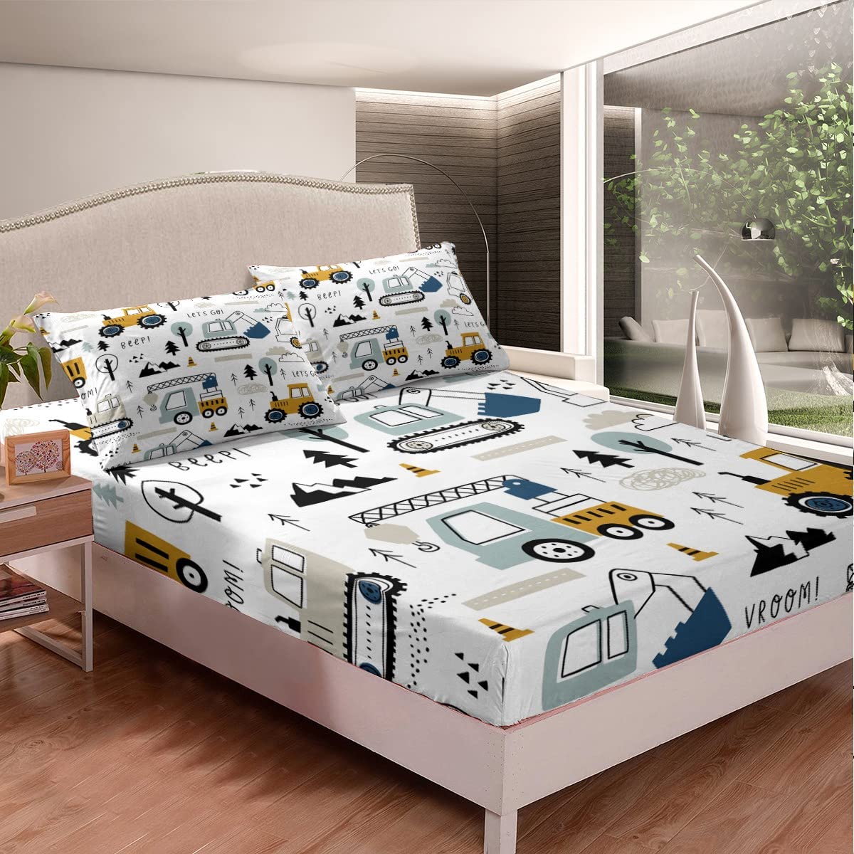 Cartoon Car Kids Fitted Sheet Construction Bed Sheet Set Decor Equipment Trucks Bedding Set Cartoon Car Excavator Tractor White Yellow Bed Cover Bedroom Quilt Cover 2Pcs Twin