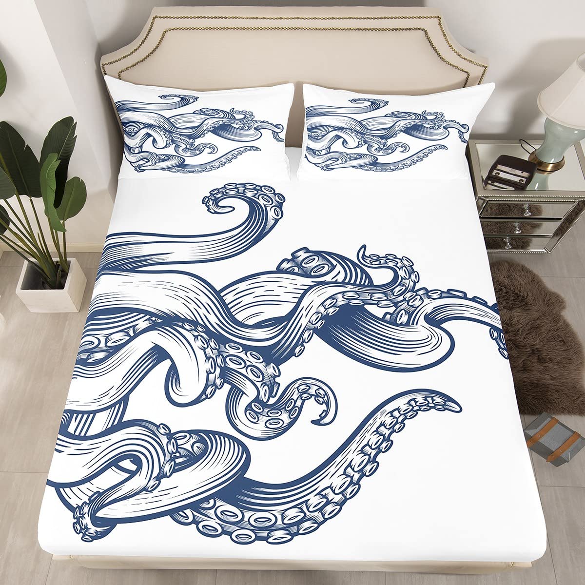 Kids Octopus Fitted Sheet Ocean Kraken Bed Sheet Set for Boys Girls Tentacles Decor Bedding Set Sealife Sea Animal Bed Cover Bedroom 3Pcs Full Size