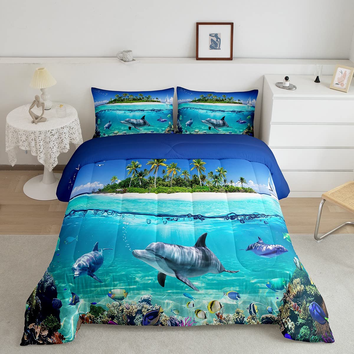 Dolphin Bedding Set Kids Cute Ocean Animal Comforter Set Boys Girls Hawaiian Sealife Decor Comforter Beach Aquarium Duvet Set Quilt Full Size Boys