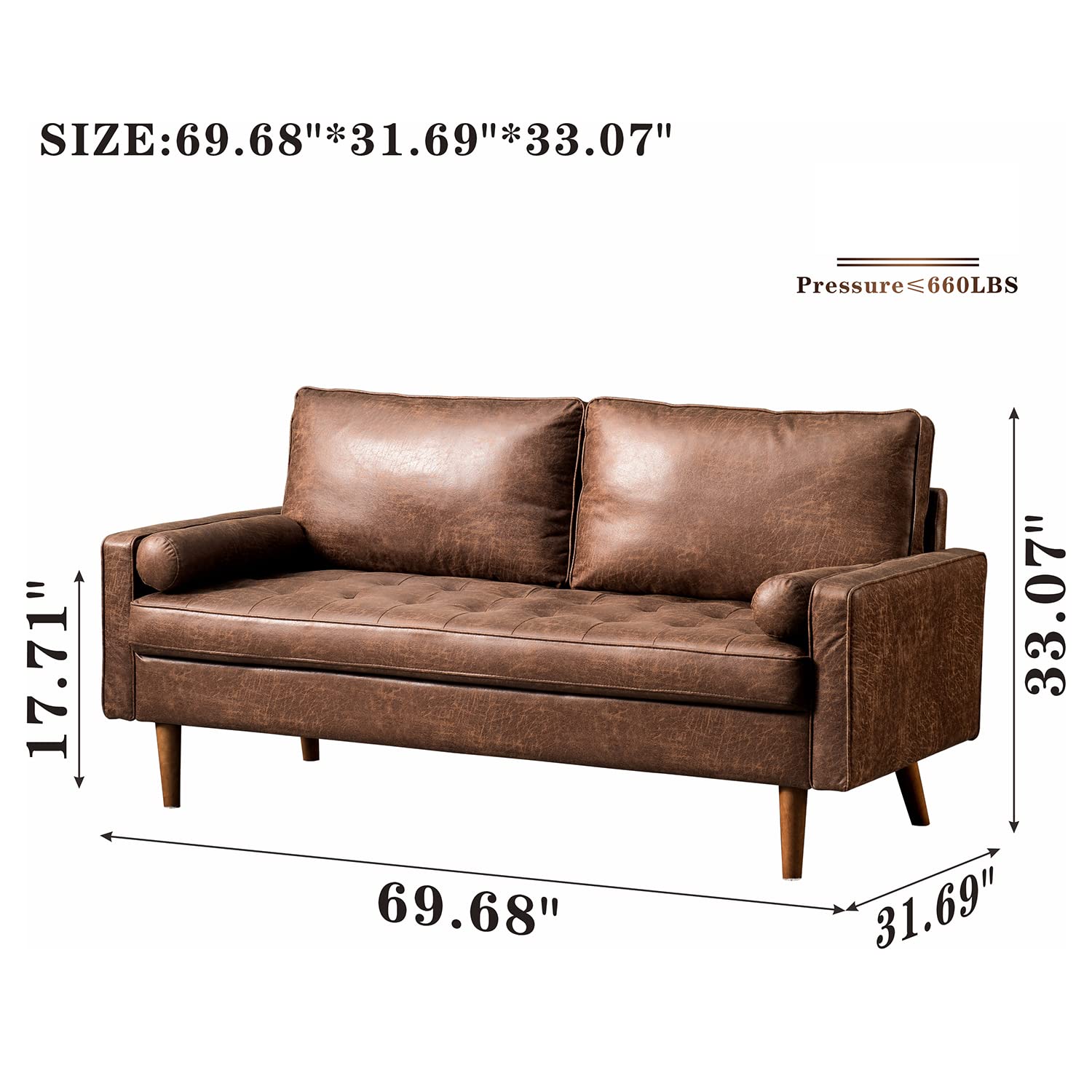 XIZZI Rivet Aiden Mid-Century Modern Loveseat Sofa with Square Arm and Wood Grain Legs for Living Room,69.68" W Dark Brown