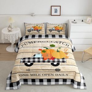 homewish pumpkin grid truck bedding set queen size,rustic farmhouse comforter set kids boys girls room decor,autumn plants themed quilt set halloween style duvet insert 3pcs with 2 pillowcases