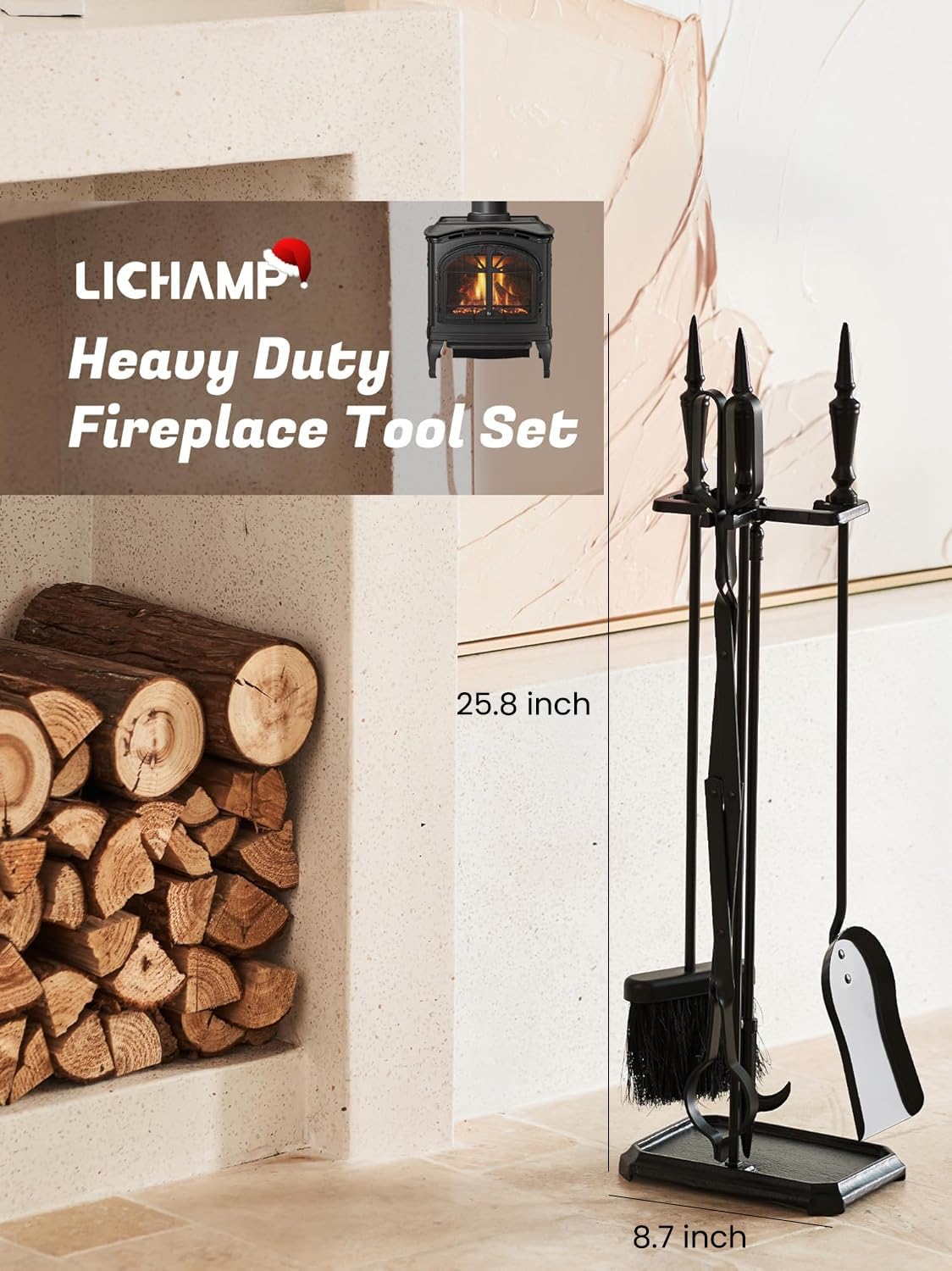 Lichamp Gothic Fireplace Tools Set, 5-Pieces Indoor Outdoor Sturdy Fire Place Poker Sets with Gothic Handle, FTS35BK