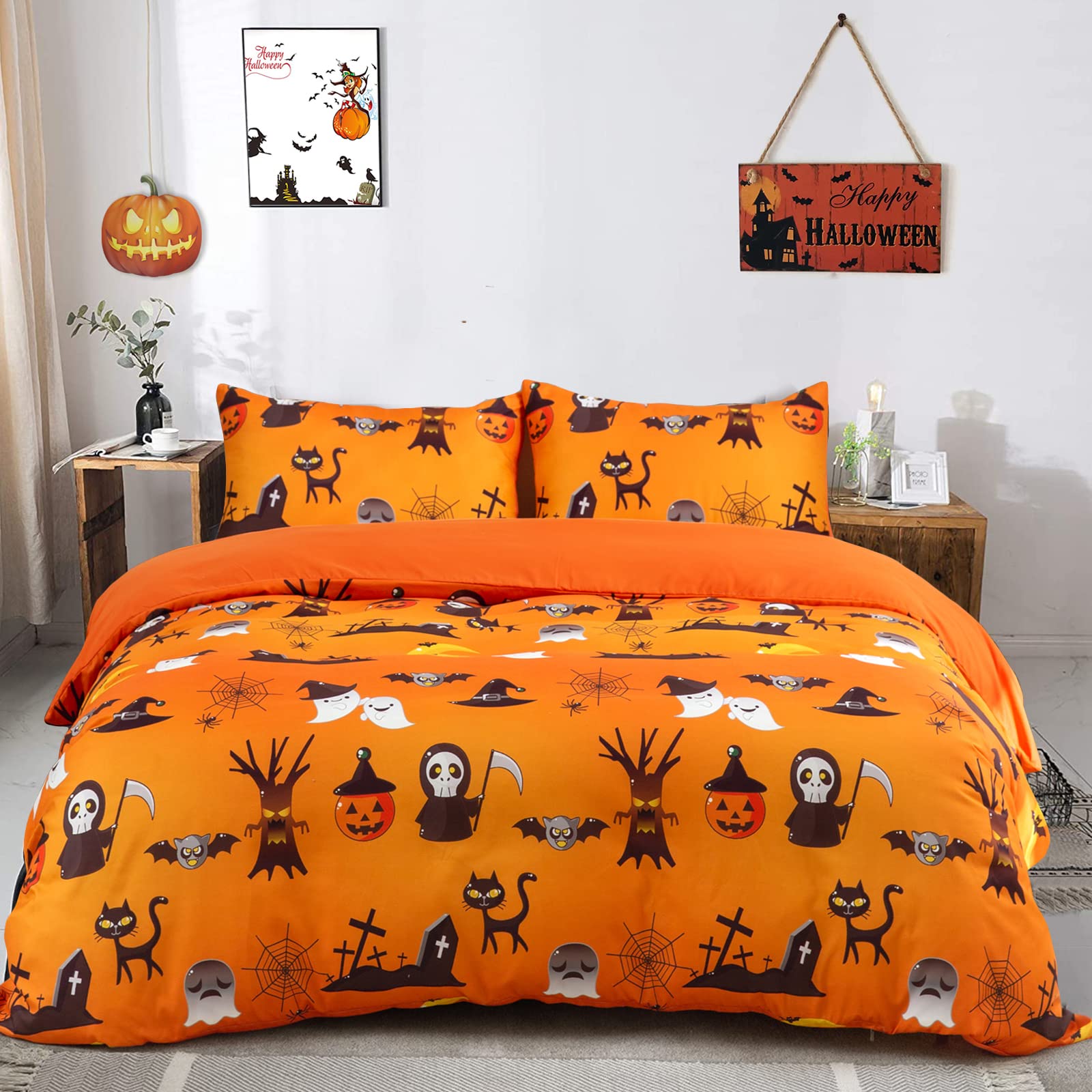 Menghomeus Halloween Duvet Cover Set Queen Size Pumpkin Bedding Set Cartoon Pumpkin Ghost Pattern Fall Festival Themed Comforter Cover Set, 3 Pieces 1 Duvet Cover 2 Pillowcases