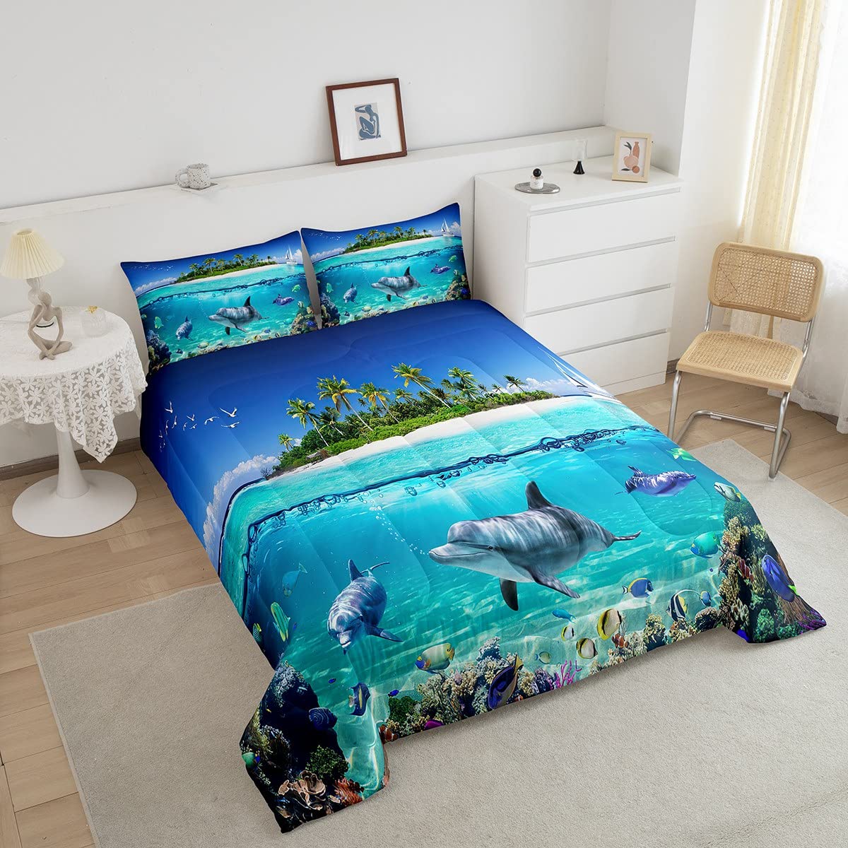 Dolphin Bedding Set Kids Cute Ocean Animal Comforter Set Boys Girls Hawaiian Sealife Decor Comforter Beach Aquarium Duvet Set Quilt Full Size Boys