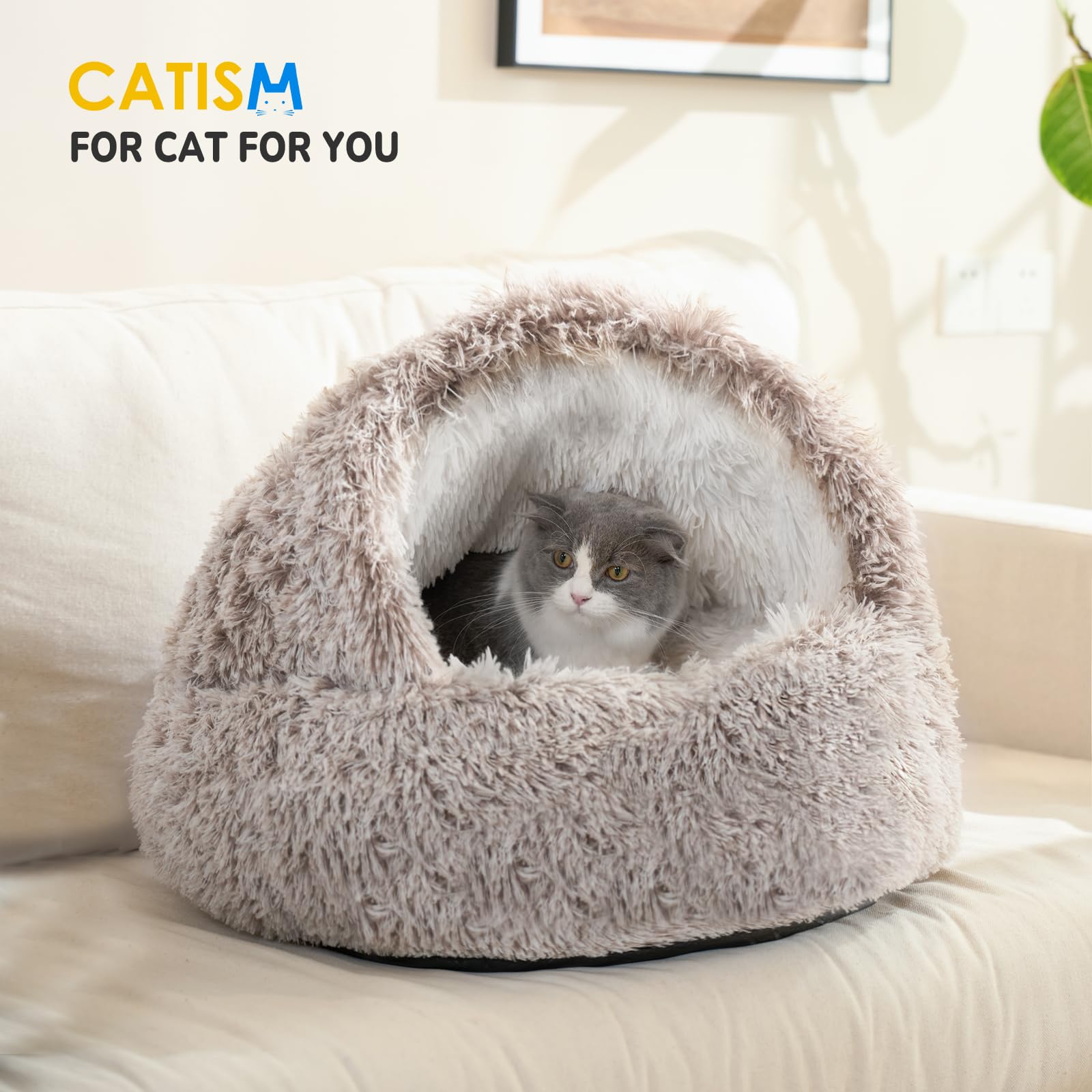 CATISM Cat Bed, Plush Hooded Cat Beds for Indoor Cats, Calming Cat Nest, Self Warming Cat Bed Cave, Cozy Cat Pod for Indoor Cat or Small Dog, Removable Washable Cat Cove with Non-Slip Bottom