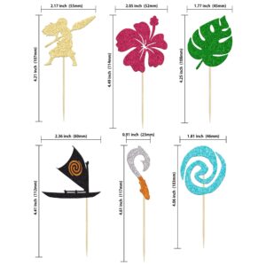 24Pcs Mo Inspired Birthday Cupcake Toppers Glitter Palm Leaf Flower Moana Cupcake Picks Hawaiian Birthday Party Decoration for Tropical Luau Summer Party Baby Shower Wedding