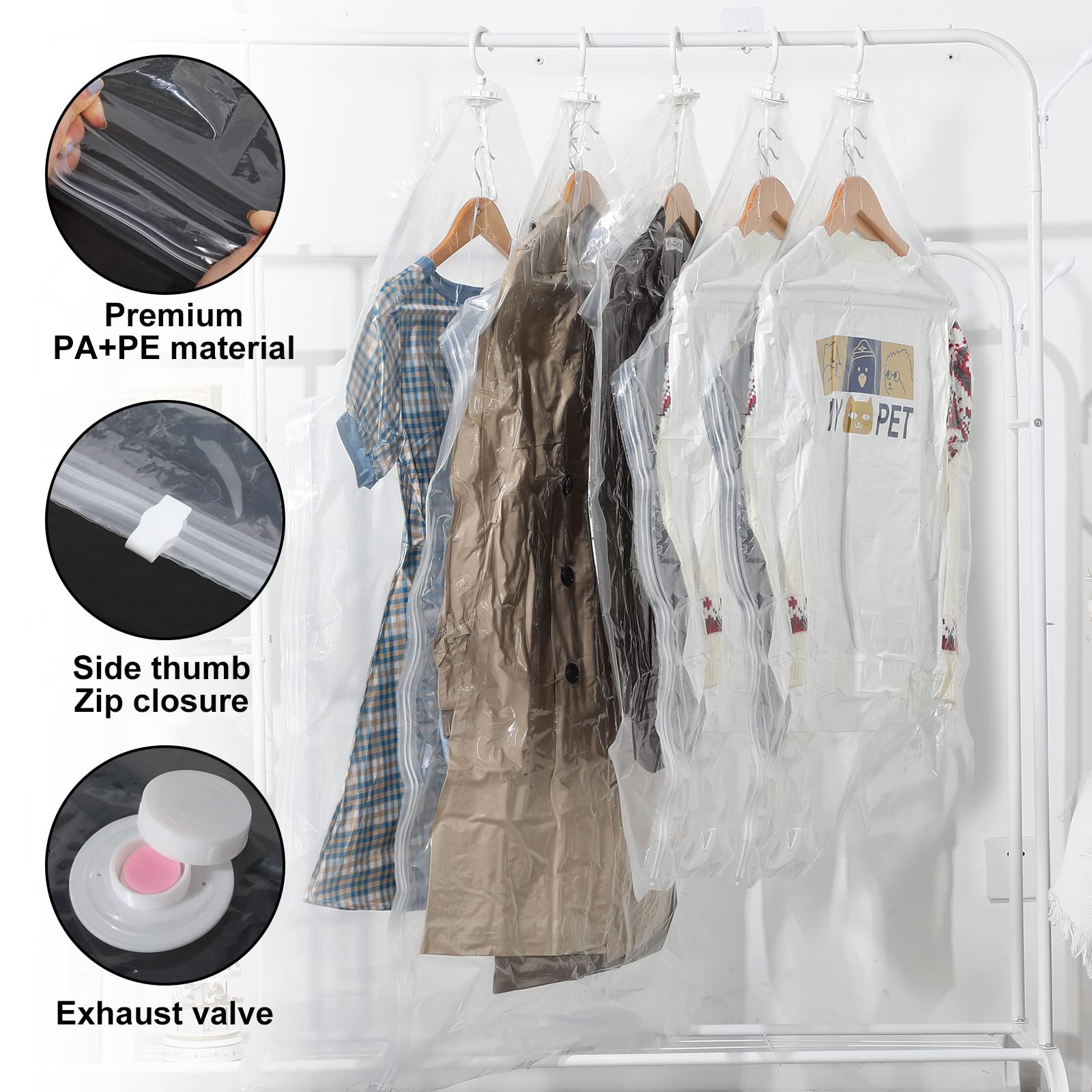 Shappy 10 Pcs Hanging Vacuum Storage Bags for Space Clothes Seal Saver with 1 Hand Pump, 5 Long 53'' x 27.6'', Short 43.3'' 27.6'' Clear Suits Dress Jackets Coat Closet Organizer