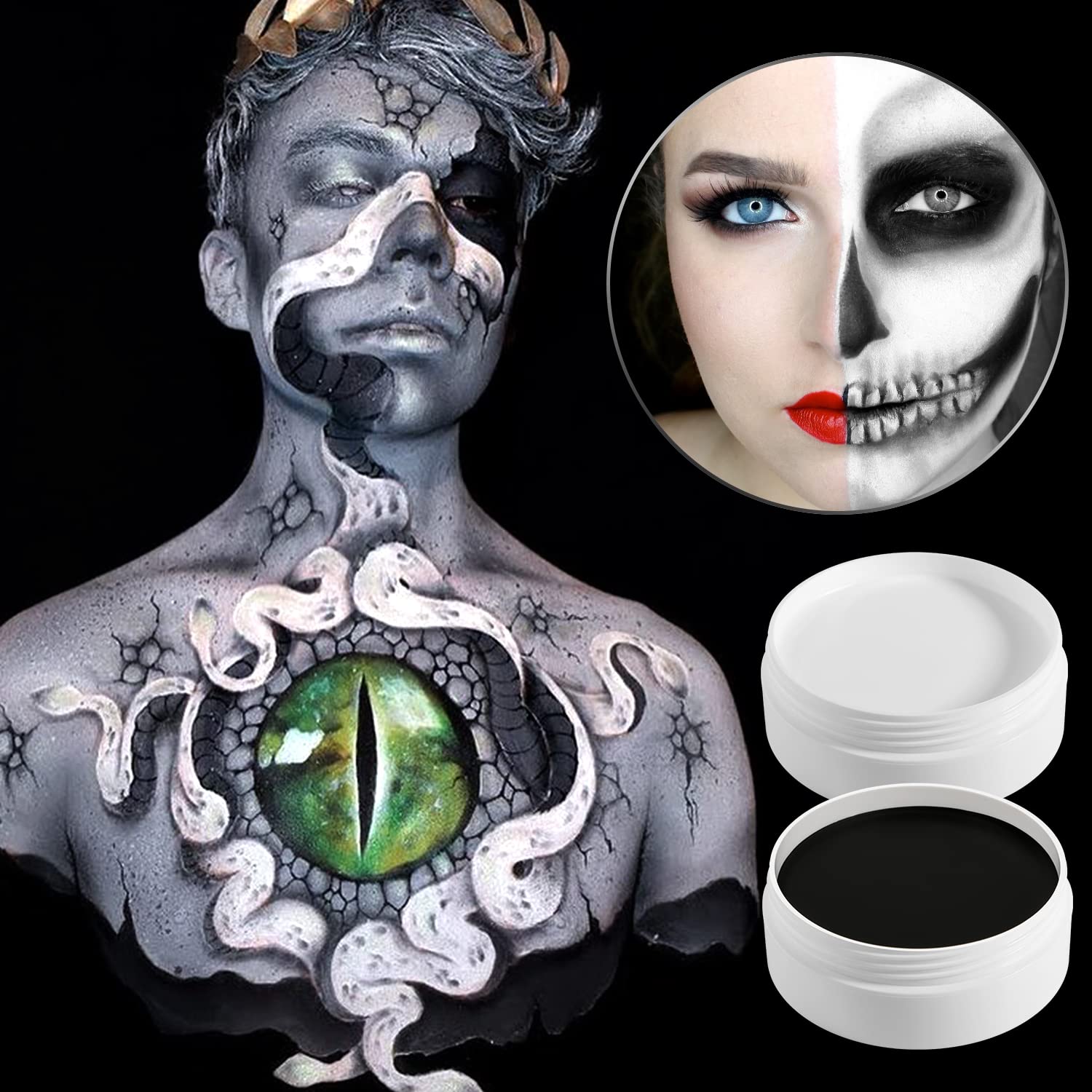 ecofavor Black White Face Paint Body Painting, 2 PCS Pro White+Black Face Body Paint Oil Based Cream Palette Kit for Art Theater Halloween Party Cosplay Clown SFX Makeup for Kids Adults (200g/7.06oz)