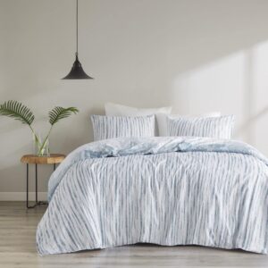 N Natori Brush Stroke Reversible Duvet Set Abstract Styling, Embossed Seersucker Design, All Season, Breathable Oversized Comforter Cover Bedding, Shams, Full/Queen(92"x96") Blue 4 Piece