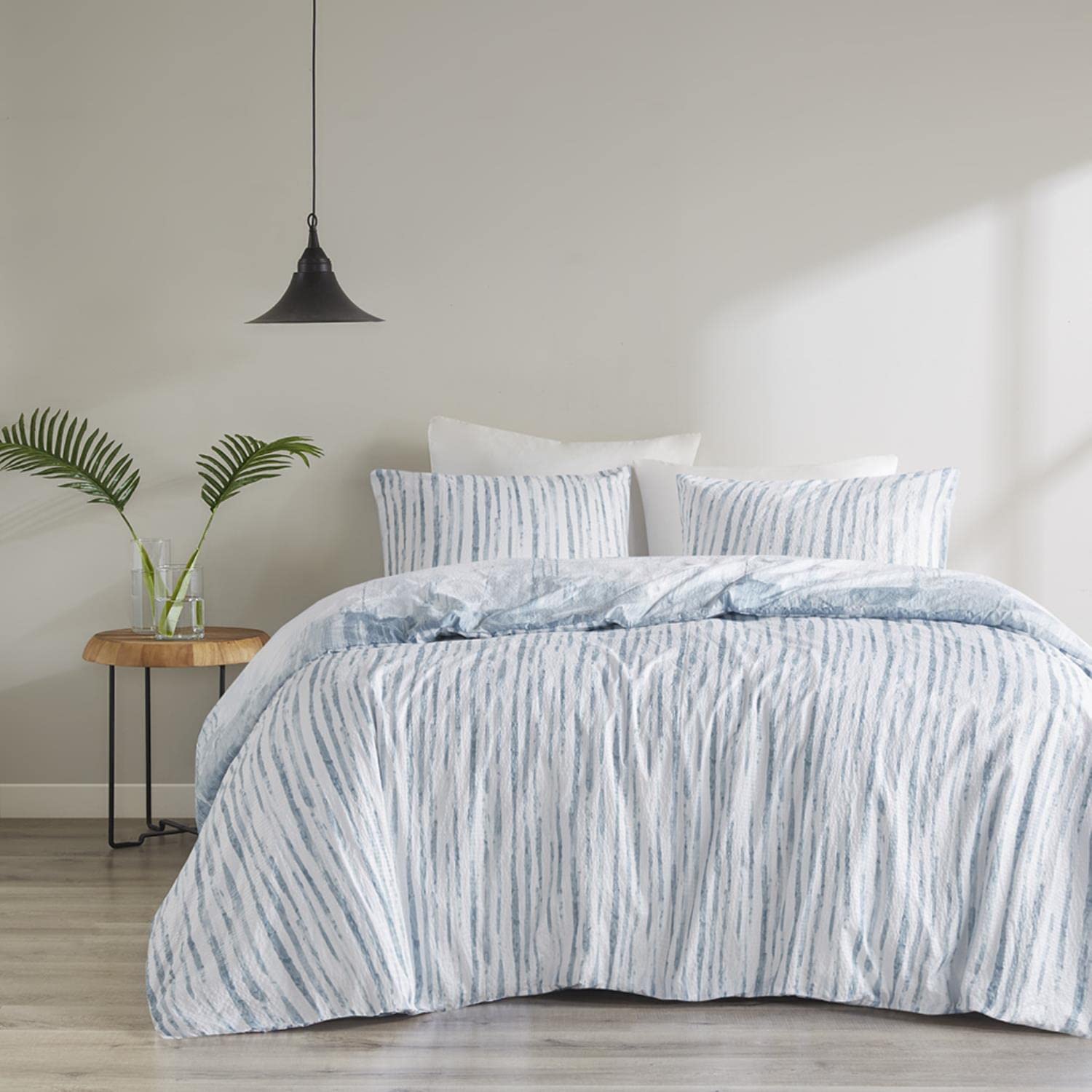 N Natori Brush Stroke Reversible Duvet Set Abstract Styling, Embossed Seersucker Design, All Season, Breathable Oversized Comforter Cover Bedding, Shams, Full/Queen(92"x96") Blue 4 Piece