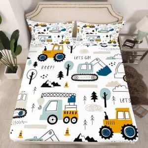 Cartoon Car Kids Fitted Sheet Construction Bed Sheet Set Decor Equipment Trucks Bedding Set Cartoon Car Excavator Tractor White Yellow Bed Cover Bedroom Quilt Cover 2Pcs Twin