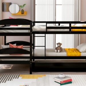 Bellemave Quad Bunk Bed with Trundle L-Shape Bunk Bed Twin Over Twin Corner Bunk Bed for 4 or 5 Kids Boys Girls Teens, Espresso