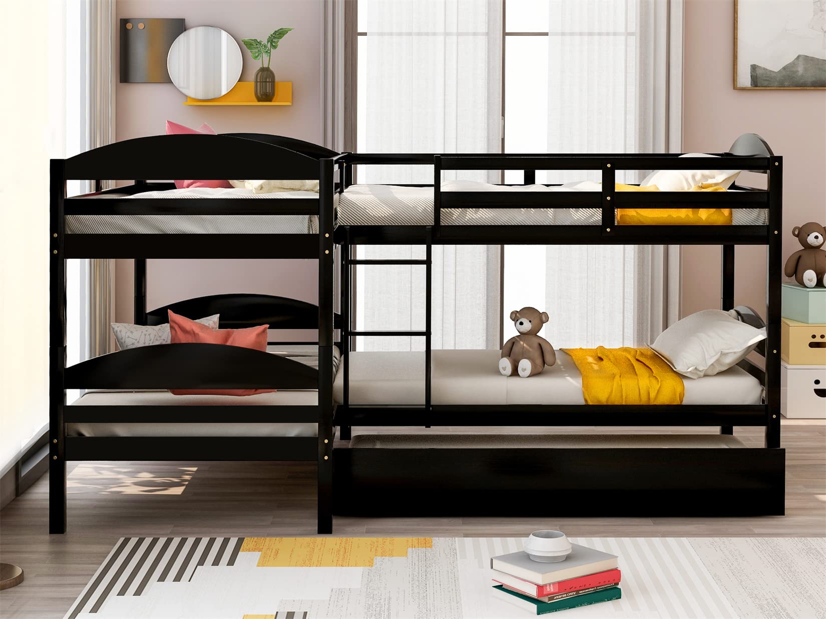 Bellemave Quad Bunk Bed with Trundle L-Shape Bunk Bed Twin Over Twin Corner Bunk Bed for 4 or 5 Kids Boys Girls Teens, Espresso