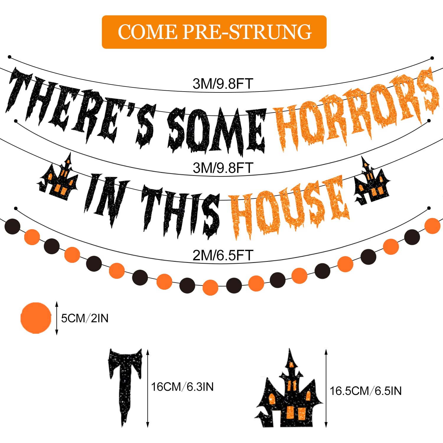 PTFNY There's Some Horrors In This House Banner Halloween Party Decorations Glittery Halloween Garland Banner with Haunted House Signs Halloween Circle Dots Banner for Haunted Houses Home Decorations