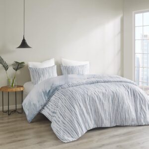 N Natori Brush Stroke Reversible Duvet Set Abstract Styling, Embossed Seersucker Design, All Season, Breathable Oversized Comforter Cover Bedding, Shams, Full/Queen(92"x96") Blue 4 Piece