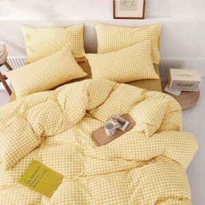 etdiffe yellow comforter set queen size, 3 piece farmhouse gingham grid bed set - soft and lightweight buffalo checkered plaid microfiber down alternative comforter (90x90) for kids girls