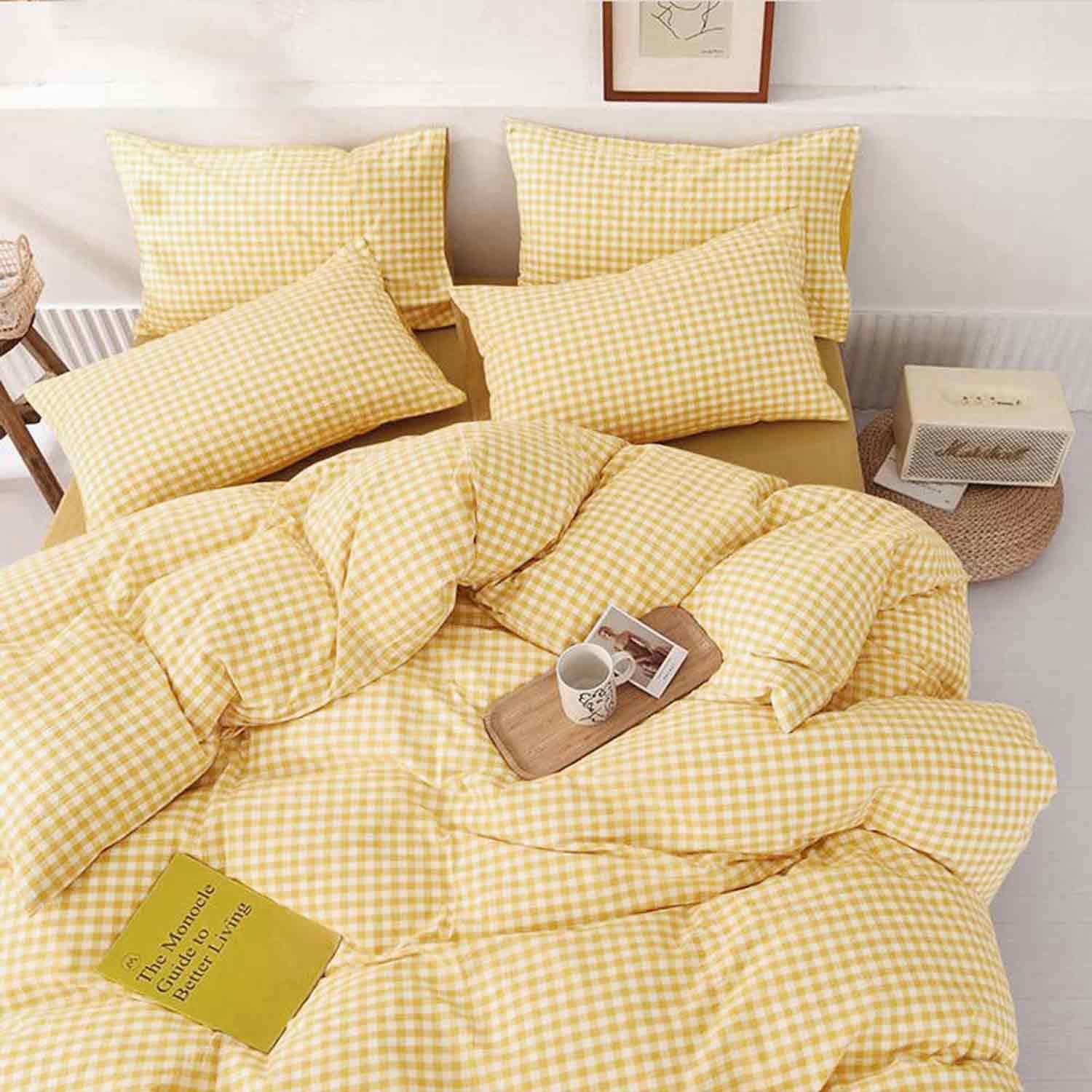 ETDIFFE Yellow Comforter Set Queen Size, 3 Piece Farmhouse Gingham Grid Bed Set - Soft and Lightweight Buffalo Checkered Plaid Microfiber Down Alternative Comforter (90x90) for Kids Girls