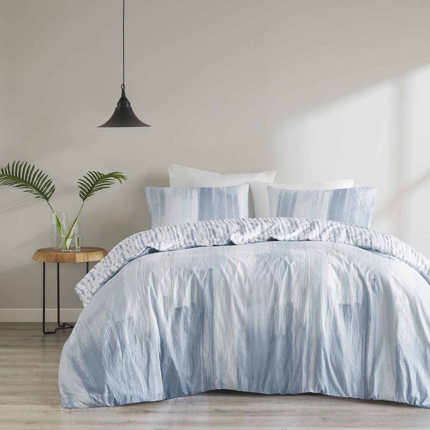 N Natori Brush Stroke Reversible Duvet Set Abstract Styling, Embossed Seersucker Design, All Season, Breathable Oversized Comforter Cover Bedding, Shams, Full/Queen(92"x96") Blue 4 Piece