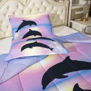 Blue and Purple Ocean Sunset Comforter Sets 3 Pieces Kids Twin Size Quilted Bedding 3D Dolphins Bed in a Bag for Boys Girls Animal Quilt Queen (034Comforter, Twin)