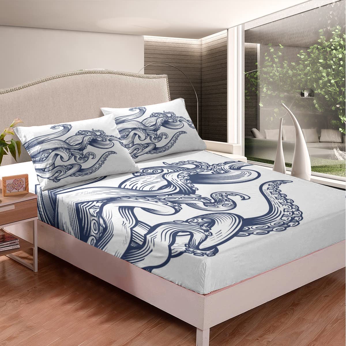 Kids Octopus Fitted Sheet Ocean Kraken Bed Sheet Set for Boys Girls Tentacles Decor Bedding Set Sealife Sea Animal Bed Cover Bedroom 3Pcs Full Size