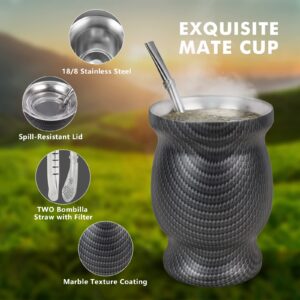 9Oz Yerba Mate Cup, Yerba Mate Gourd Set-Stainless Steel Modern Mate Cup, 2 Bombilla Mate Straws, Cleaning Brush and BPA Free Lid, Double-Walled and Hot&Cold Drink, Mate Gourd for Mate Tea, Coffee