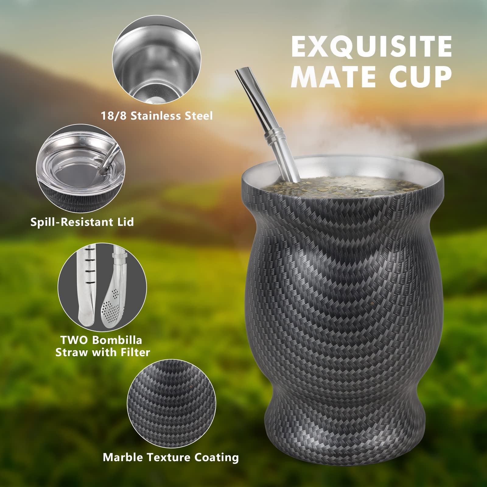 9Oz Yerba Mate Cup, Yerba Mate Gourd Set-Stainless Steel Modern Mate Cup, 2 Bombilla Mate Straws, Cleaning Brush and BPA Free Lid, Double-Walled and Hot&Cold Drink, Mate Gourd for Mate Tea, Coffee