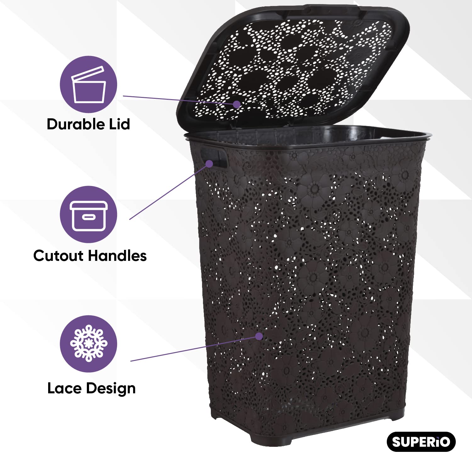 Superio Laundry Hamper with Lid Lace Design 50 Liter - Brown Laundry Hamper Basket with Cutout Handles, Rectangular Shape Modern Style Bin -Dirty Cloths Storage