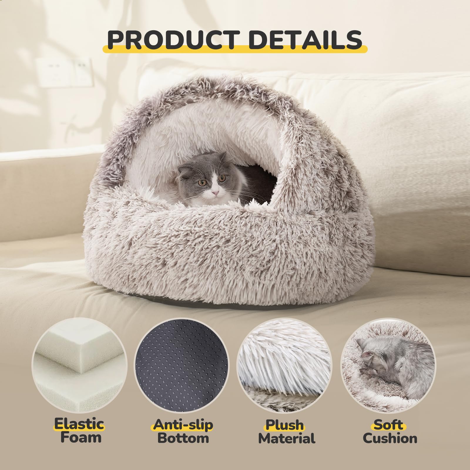 CATISM Cat Bed, Plush Hooded Cat Beds for Indoor Cats, Calming Cat Nest, Self Warming Cat Bed Cave, Cozy Cat Pod for Indoor Cat or Small Dog, Removable Washable Cat Cove with Non-Slip Bottom