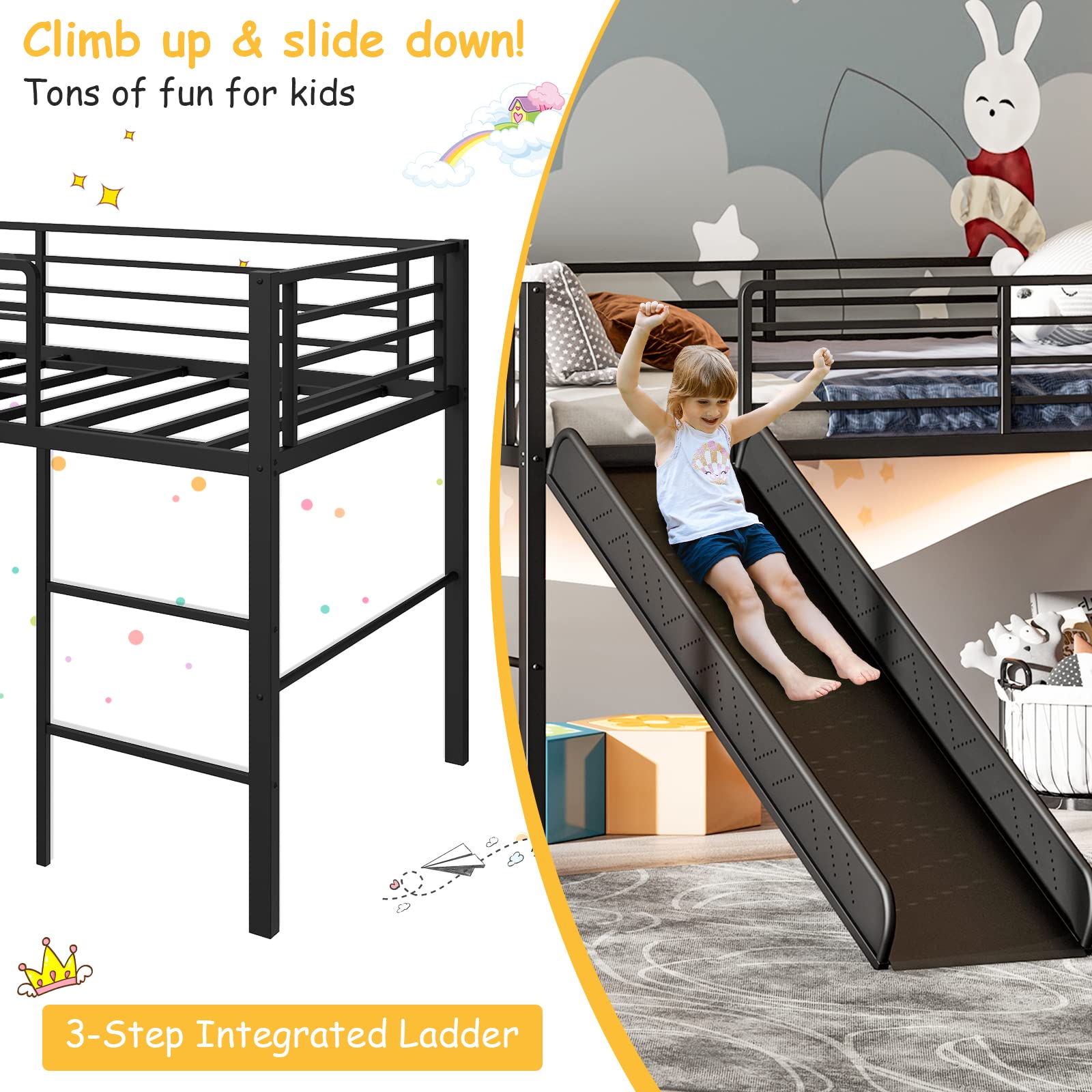 Giantex Twin Loft Bed with Slide, Metal Low Bunk Bed w/Safety Guardrails & Built-in Ladder, Toddler Bed Floor Frame for Boys & Girls, No Box Spring Needed (Black)