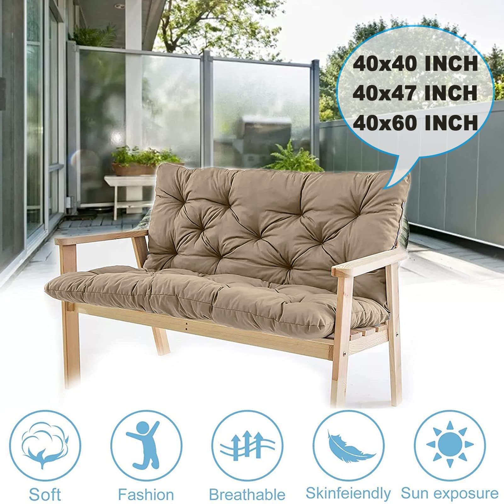 Replacement Cushions for Outdoor Swing, Waterproof Bench Cushions with Backrest Outdoor Furniture 2-3 Seater Washable Swing Replacement Cushions for Garden Patio loveseat Pad(Khaki 40x47 inch)