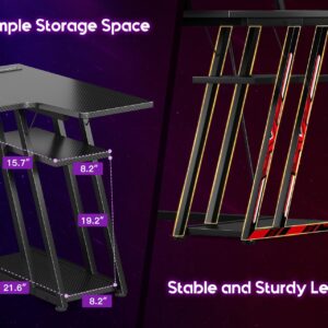 MOTPK Small Gaming Desk with LED Lights & Power Outlets, 39 Inch L Shaped Gaming Computer Desk with Storage Shelf, Gamer Desk with Monitor Stand, PC Gaming Table with Carbon Fiber Texture, Black