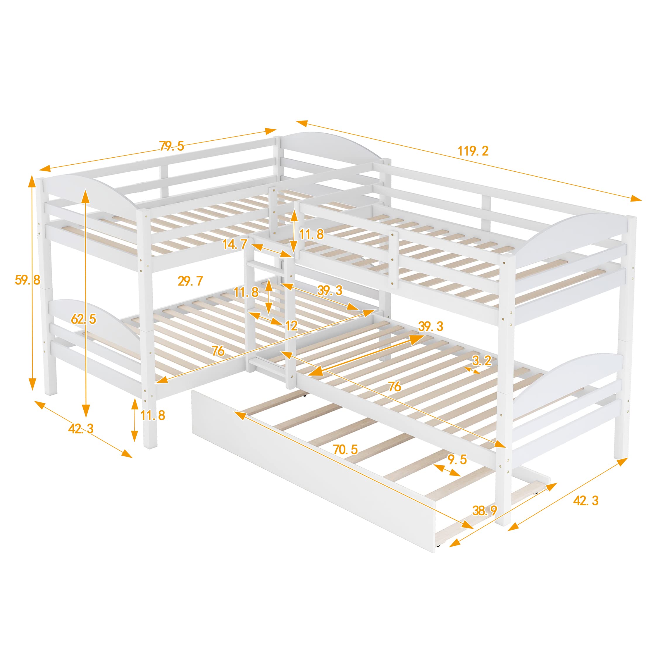 Bellemave Quad Bunk Bed with Trundle L-Shape Bunk Bed Twin Over Twin Corner Bunk Bed for 4 or 5 Kids Boys Girls Teens, White