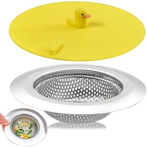 kitchen sink strainer sink stopper - abnaok 2 pcs sink strainer stopper kit, universal silicone drain cover, 4.5 inch stainless steel sink drain strainer, food catcher for kitchen sink