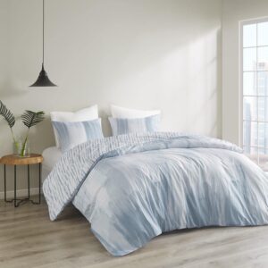 N Natori Brush Stroke Reversible Duvet Set Abstract Styling, Embossed Seersucker Design, All Season, Breathable Oversized Comforter Cover Bedding, Shams, Full/Queen(92"x96") Blue 4 Piece