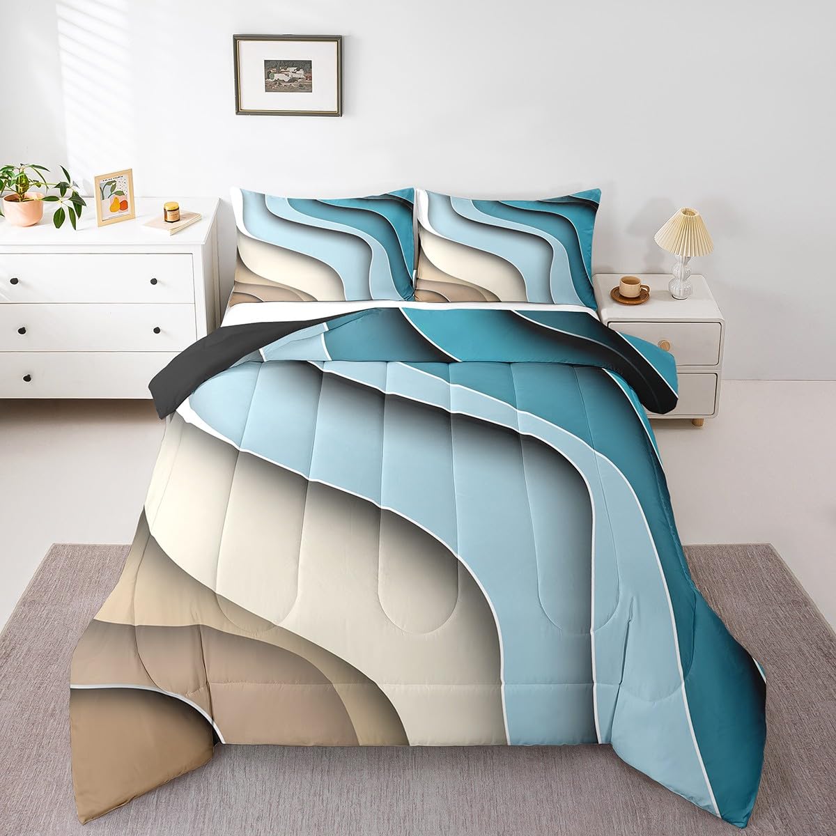 Erosebridal Sea Waves Bedding Set Ocean Coastal Beach Comforter Sets,Abstract Ocean Wave Duvet Geometric Stripes Quilt Set Ultra Soft Cozy Microfiber Down Comforter Full 3Pcs for Kids Teen Adults