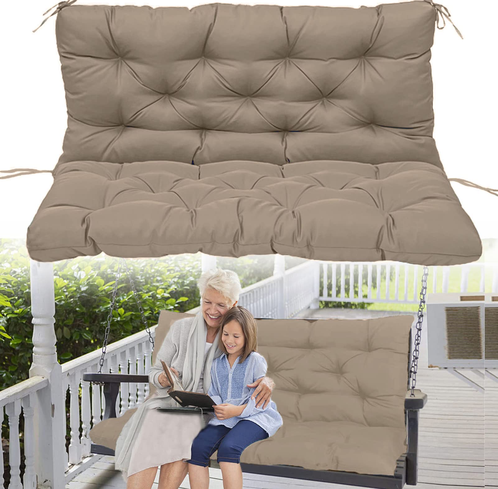 Replacement Cushions for Outdoor Swing, Waterproof Bench Cushions with Backrest Outdoor Furniture 2-3 Seater Washable Swing Replacement Cushions for Garden Patio loveseat Pad(Khaki 40x47 inch)