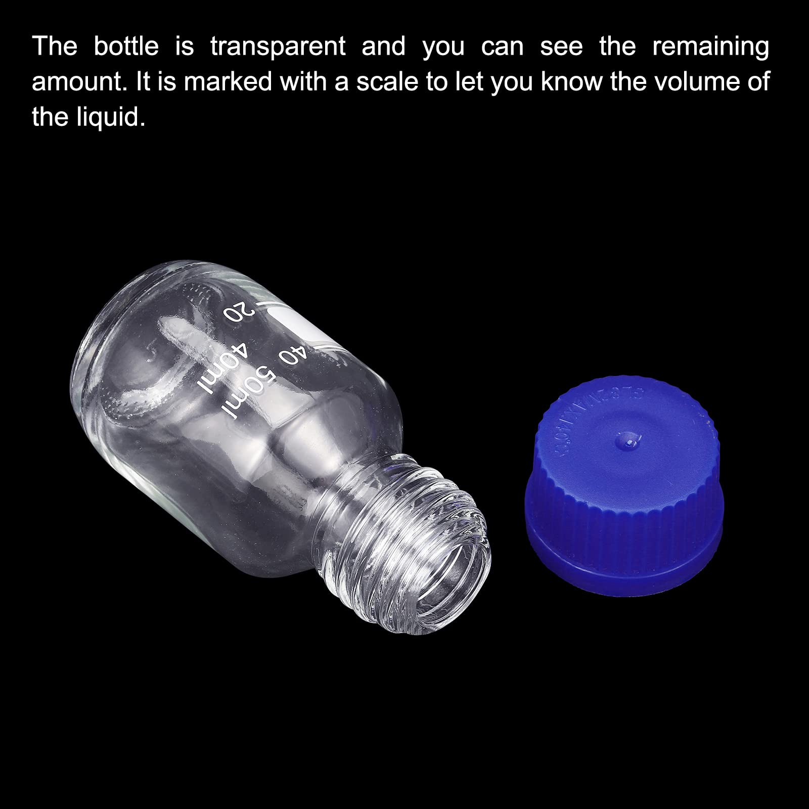 PATIKIL 50mL Reagent Media Bottle, 4Pcs Round Graduated Glass Storage Bottle Blue Screw Cap for Chemistry Lab Universities Home, Clear