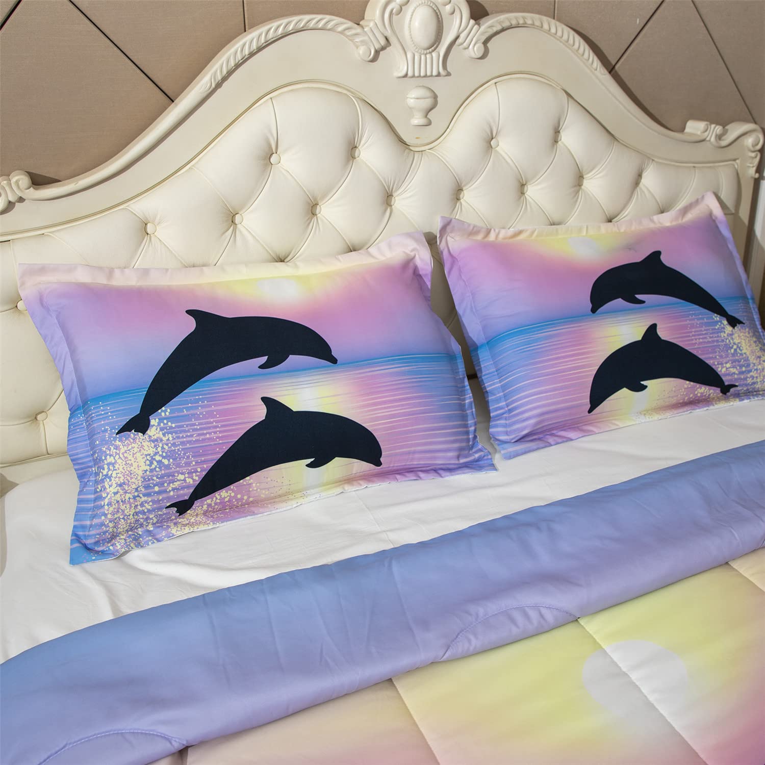 Blue and Purple Ocean Sunset Comforter Sets 3 Pieces Kids Twin Size Quilted Bedding 3D Dolphins Bed in a Bag for Boys Girls Animal Quilt Queen (034Comforter, Twin)