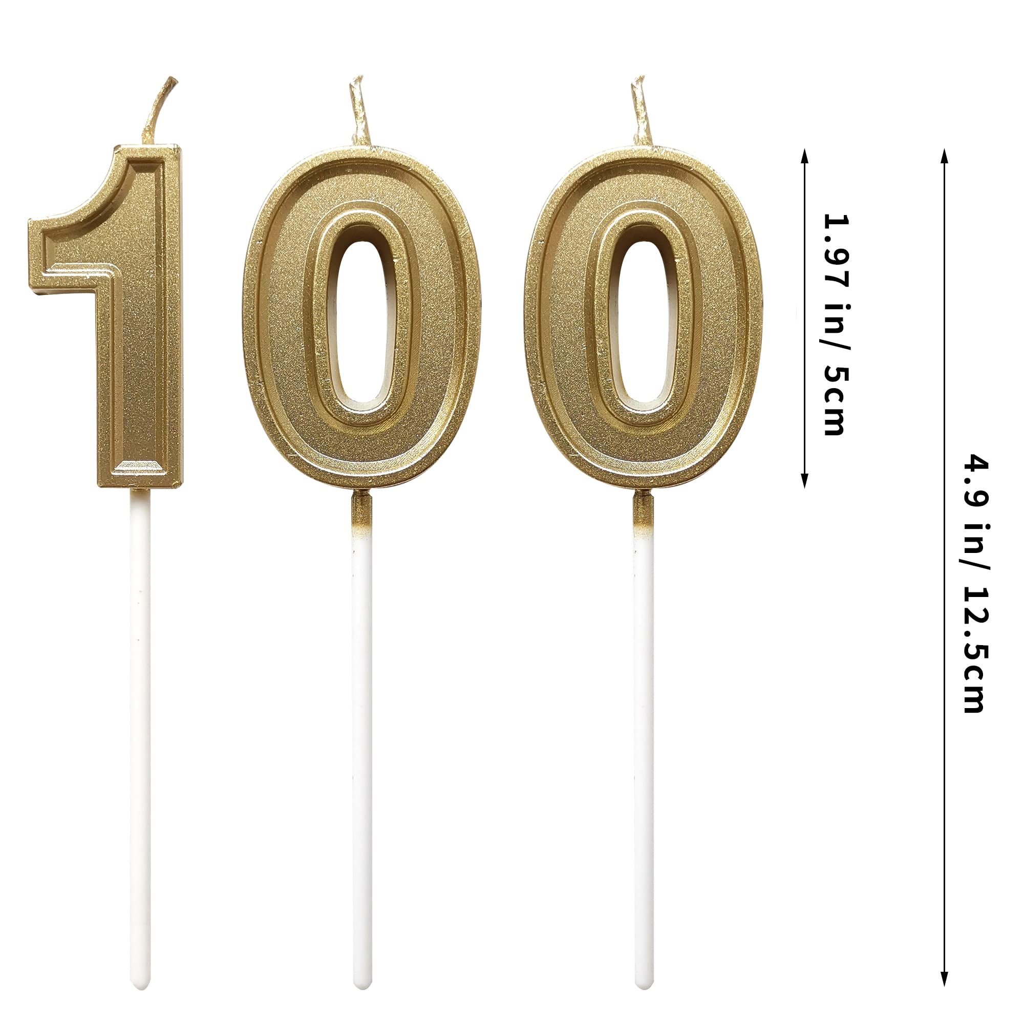 Gold 100th Birthday Candles, Number 100 Candles for Cakes, Happy 100 Days or Years Cake Topper Numeral Candle for Birthday Anniversary Celebration Decoration Party Supplies