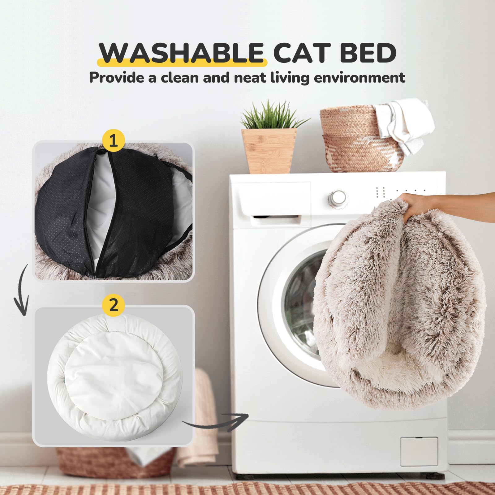 CATISM Cat Bed, Plush Hooded Cat Beds for Indoor Cats, Calming Cat Nest, Self Warming Cat Bed Cave, Cozy Cat Pod for Indoor Cat or Small Dog, Removable Washable Cat Cove with Non-Slip Bottom