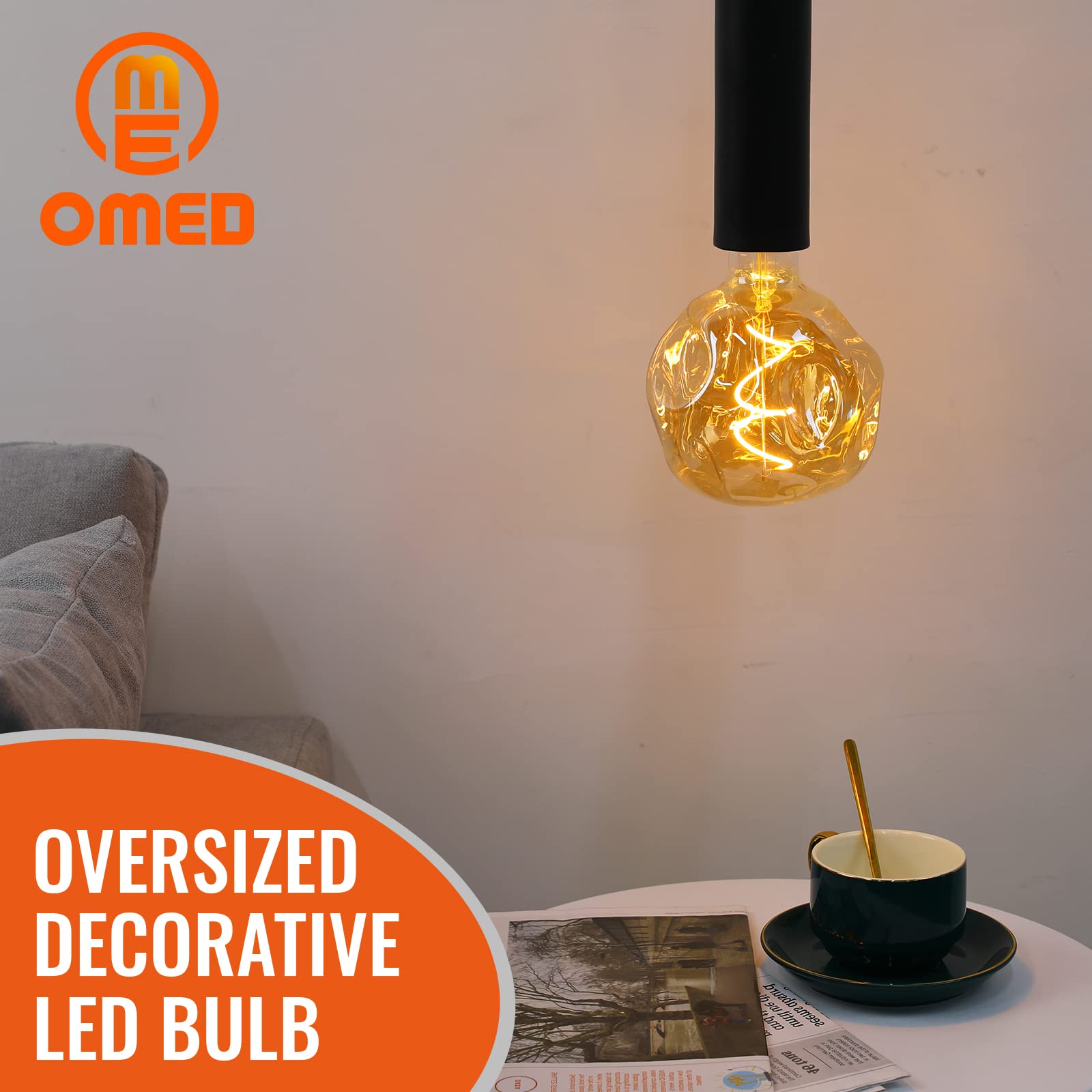 OMED S125 Oversized LED Edison Bulb Large, 5 Watt 400 Lumens 2200k Warm Yellow Large Edison Light Bulb, Amber Glass Decorative Large Globe Dimmable E26 Bulbsfor Pendant Lighting, 1 Pack