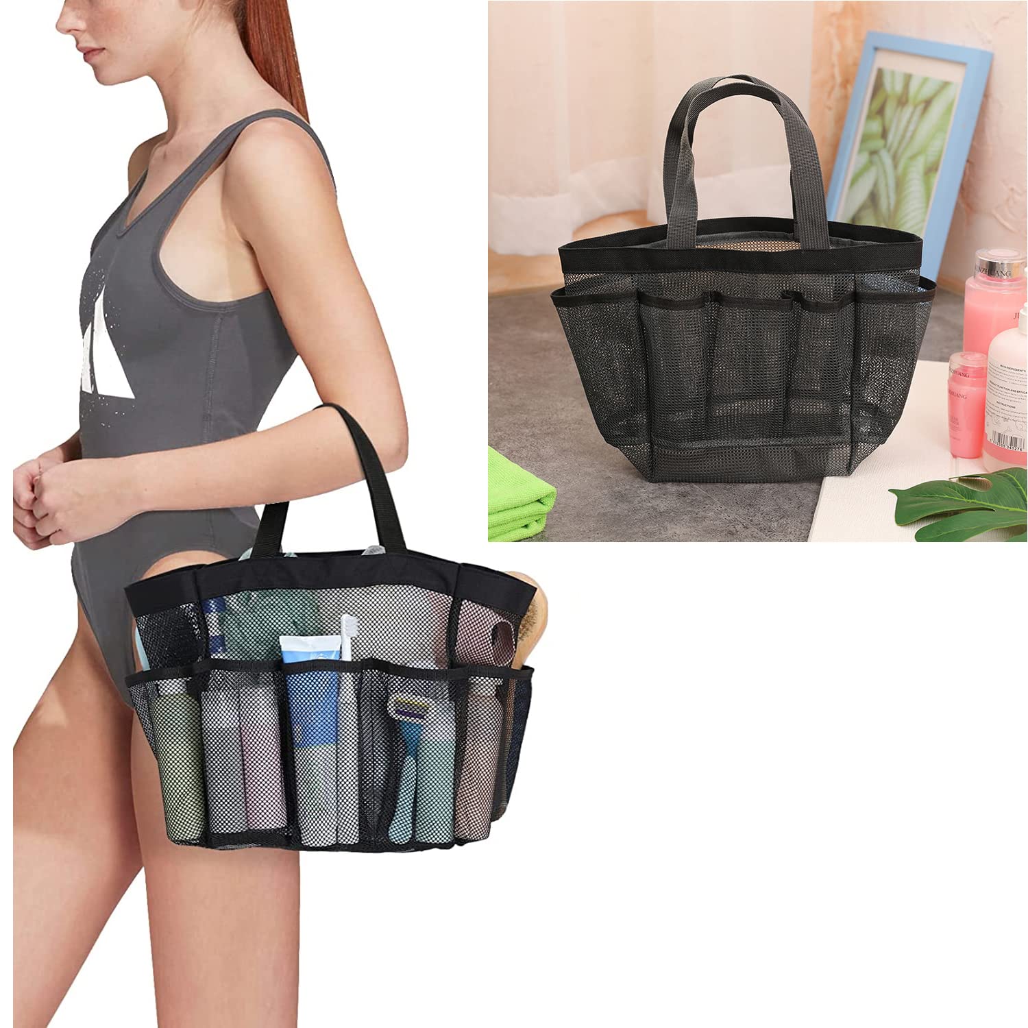 N-KONGJIAN Mesh Shower Caddy Basket for Bathroom, Beach, Swimming, Gym, Portable Shower Bag, Hanging Portable Toiletry Bag for Men and Women (Black)