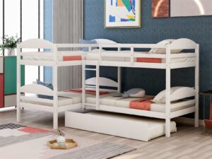 bellemave quad bunk bed with trundle l-shape bunk bed twin over twin corner bunk bed for 4 or 5 kids boys girls teens, white