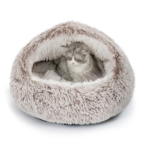 catism cat bed, plush hooded cat beds for indoor cats, calming cat nest, self warming cat bed cave, cozy cat pod for indoor cat or small dog, removable washable cat cove with non-slip bottom