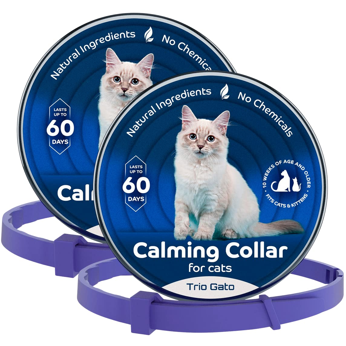 2 Natural Calming & Relaxing Collars for Cats, Reduces Anxiety, Adjustable Size, Fits All Cats, Each Lasts Up to 60 Days. 2 Units per Set. by TrioGato (Two)